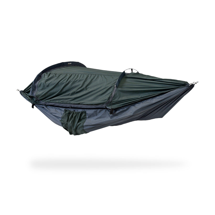 Clark Vertex two-person hammock in Forest Green/Gray, side view