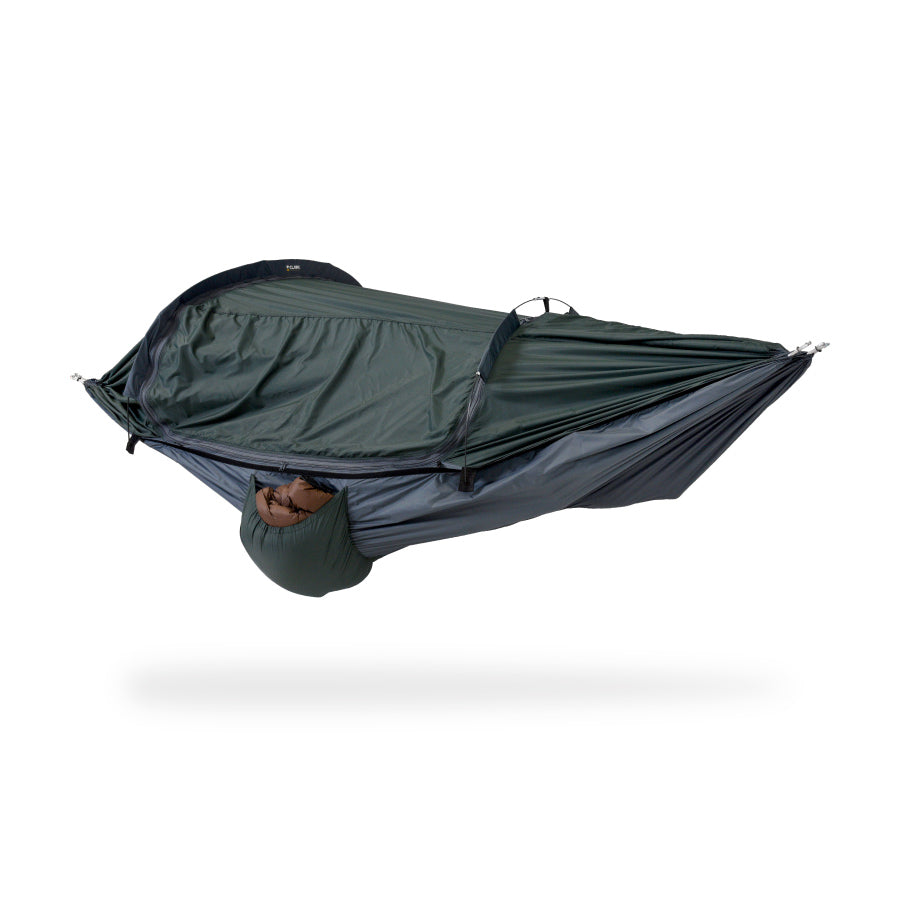Clark Vertex two-person hammock in Forest Green/Gray with a camper inside