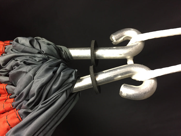Aluminum Timp-Hitches with Amsteel slings on the gathered end of a hammock